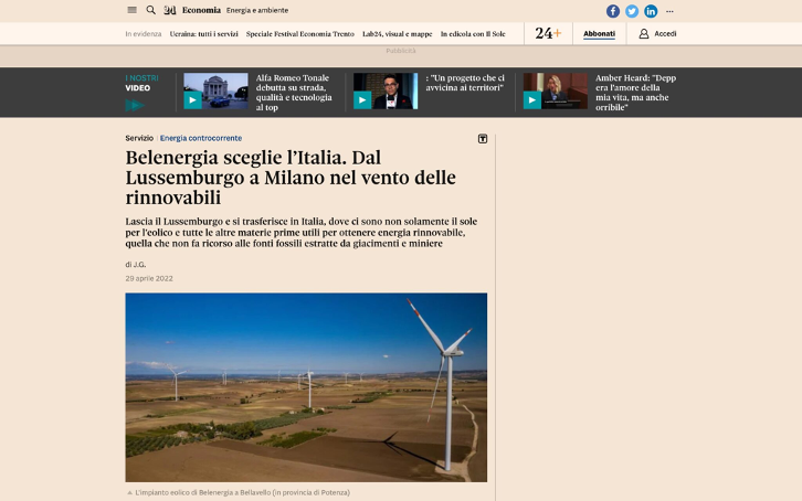 Belenergia relocates its headquarters to Italy